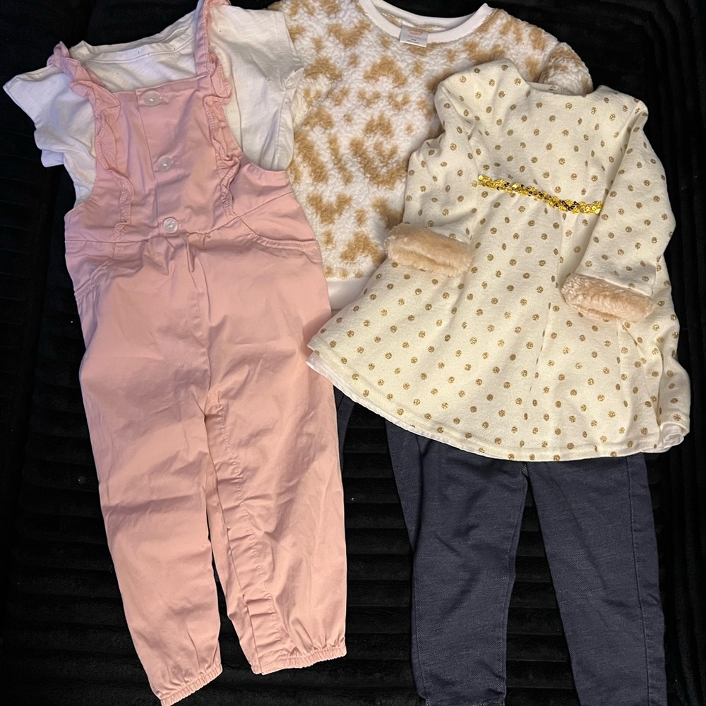 Kids Matching Set with Pink Overalls and Gold Polka Dot Dress